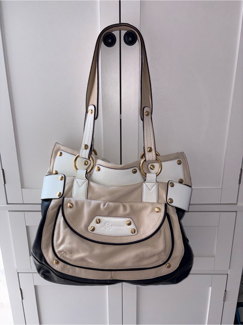 B Makowski leather Shoulder Bag with Gold Hardware - Beige, White & Black